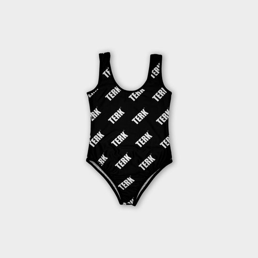 Black TERK Repeating logo Pattern One-Piece Swimsuit
